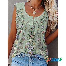 Womens Tank Top Green Button Print Floral Casual Sleeveless