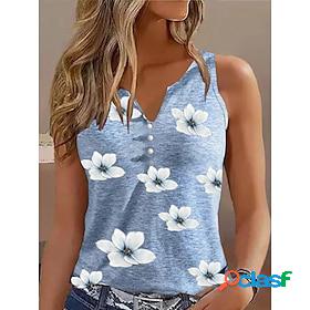 Womens Tank Top Red Blue Green Button Print Floral Casual