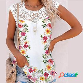 Womens Tank Top White Light Green Pink Lace Print Floral
