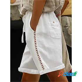 Womens Wide Leg Shorts Faux Linen White Fashion Side Pockets