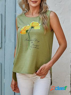 Womens floral print round neck sleeveless T-shirt