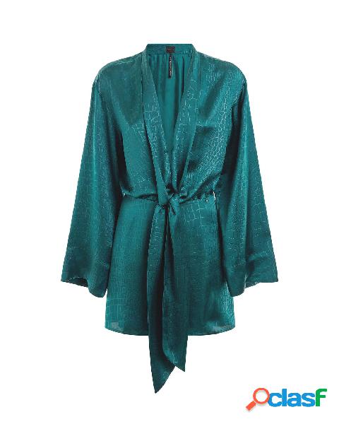 Abito corto verde in satin a fantasia coccodrillo con scollo