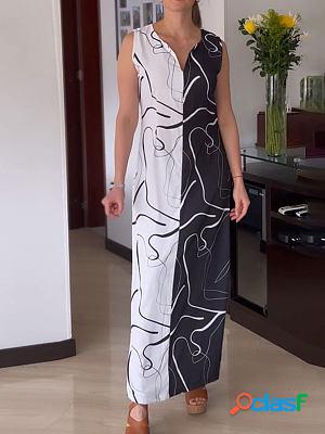 Abstract Print Black And White Colorblock Small V-neck Long