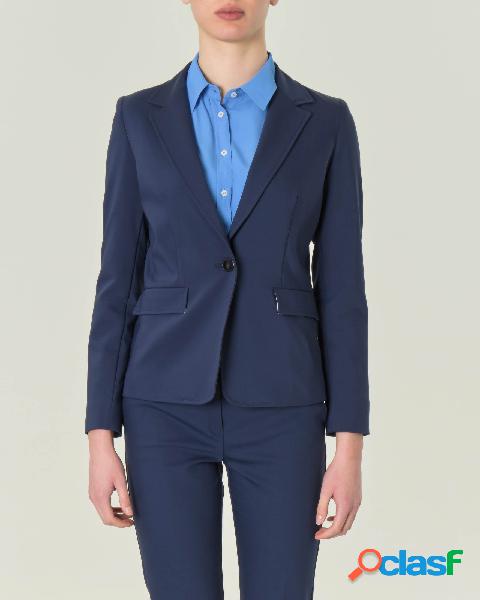 Blazer blu a un bottone in tessuto di misto cotone stretch