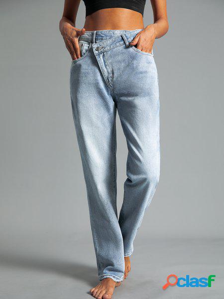 Blu Denim Casuale Dritto Jeans