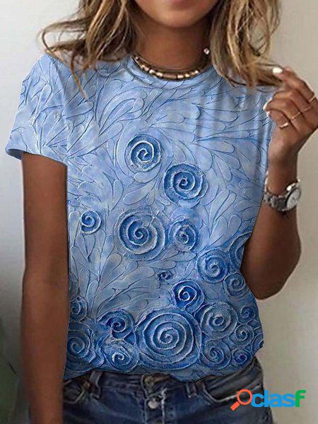 Blu Floreale Casuale Girocollo T-shirt