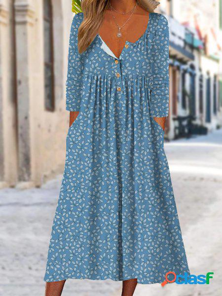 Blu Floreale Casuale Sciolto Fibbia Abito