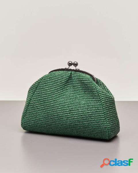 Borsa grande verde in raffia con chiusura a clip in metallo