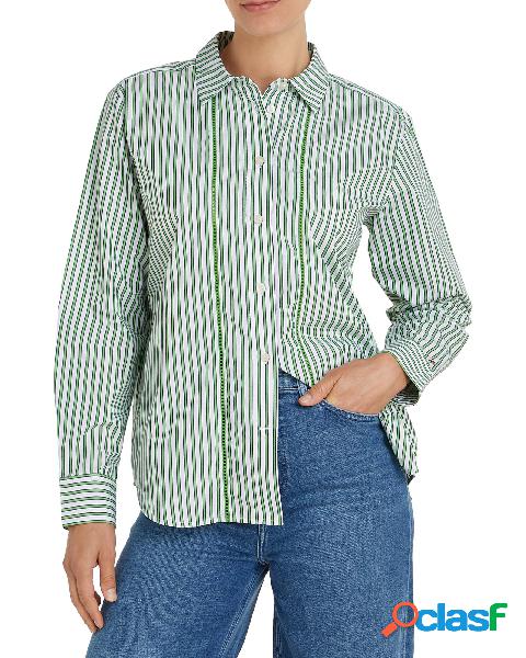 Camicia bianca a righe verde lime in popeline di cotone con