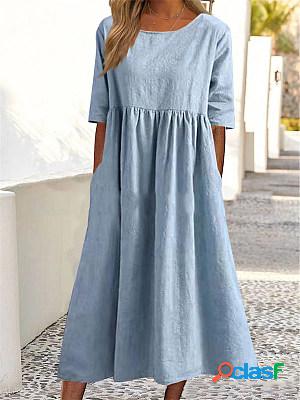 Casual Comfort Solid Color Round Neck Half Sleeve Midi Dress