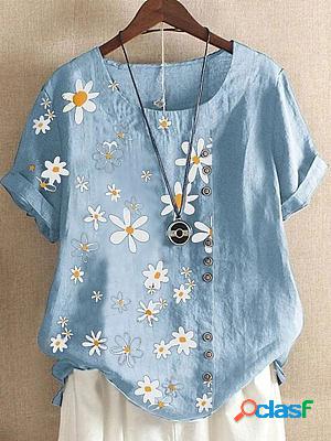 Casual Cotton And Daisy Printed Short-Sleeved Blouse