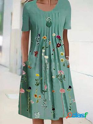 Casual Crew Neck Floral Print Short Sleeve Midi Dress