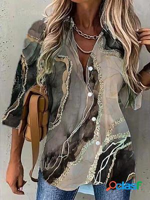 Casual Fashion Marble Print Lapel Long Sleeve Shirt