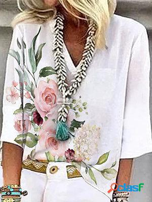Casual Floral Print Loose V-neck Blouses
