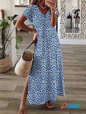 Casual Floral Print Short Sleeves V Neck Maxi Dress