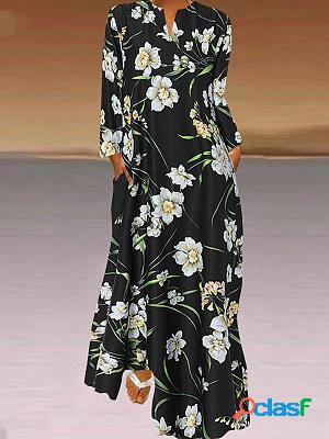 Casual Floral Print V-Neck Long-Sleeve Maxi Dress