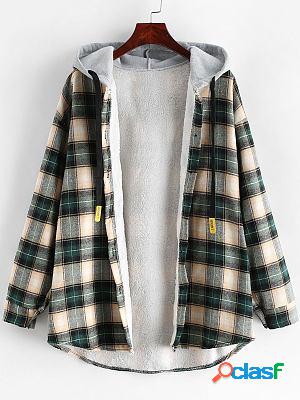 Casual Loose Check Panel Lambsool Hooded Jacket