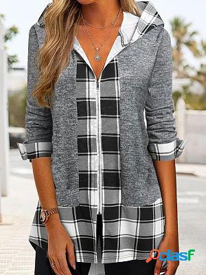 Casual Loose Check Print Panel Zip Hoodie