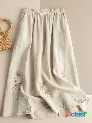 Casual Loose Floral Embroidered Elastic Waist Skirt