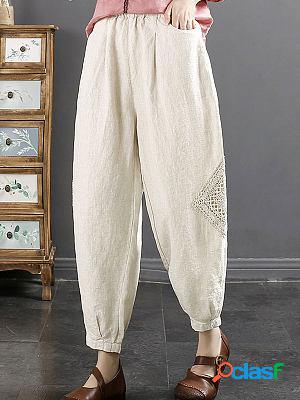 Casual Loose Lace Paneled Cotton And Linen Elastic Waist