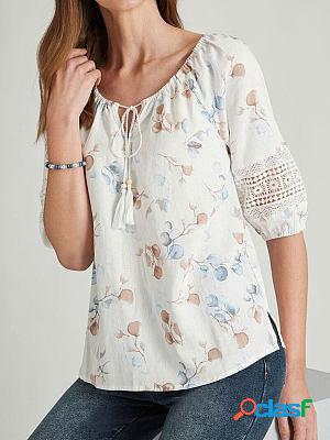 Casual Loose Printed Hollow Tie Long Sleeve Blouses