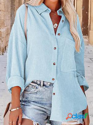 Casual Loose Solid Color Lapel Pocket Long Sleeve Shirt