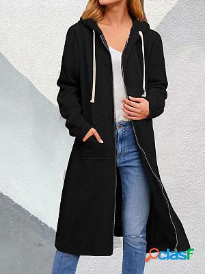 Casual Loose Solid Color Long-Sleeved Hooded Coat
