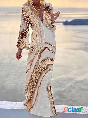 Casual Marble Print V Neck Long Sleeve Maxi Dress