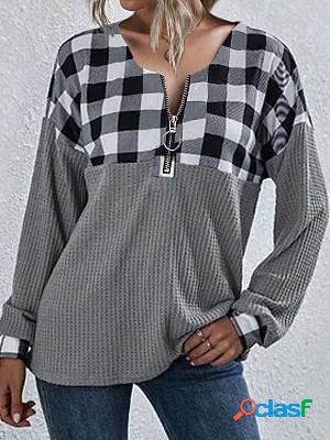 Casual Plaid Stitching Zipper V-Neck Long-Sleeved