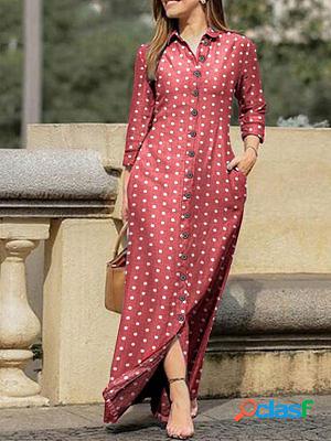 Casual Polka Dot Print Button Long Sleeve Maxi Dress