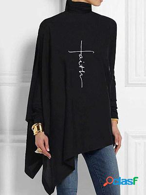 Casual Printed Turtleneck Irregular Hem Long Sleeve T-Shirt