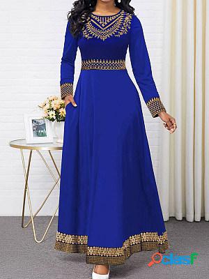 Casual Retro Ethnic Print Round Neck Long Sleeve Maxi Dress