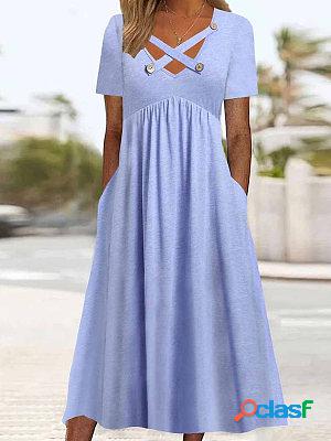 Casual Solid Color Waist Crossed Buttons Midi Dress