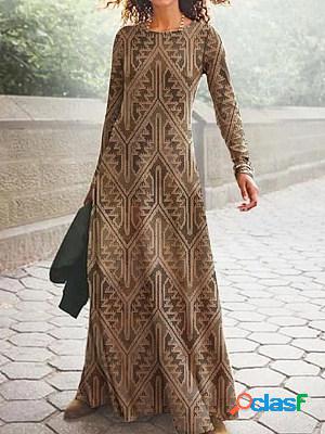 Casual Vintage Print Crew Neck Long Sleeve Maxi Dress