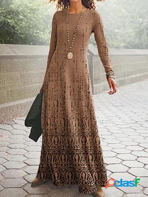 Casual Vintage Print Crew Neck Long Sleeve Maxi Dress