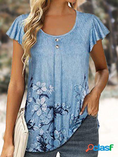 Casuale Blu Floreale Fibbia Sciolto Camicia