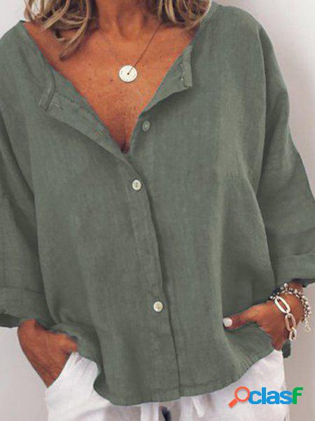 Casuale Colletto a Camicia Misto Cotone Top
