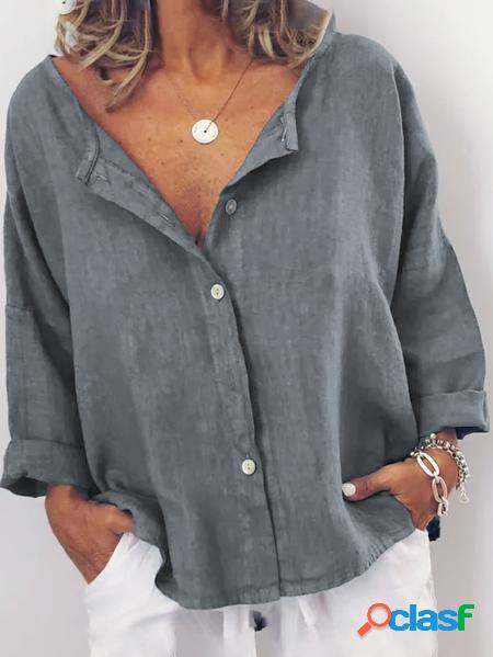 Casuale Colletto a Camicia Misto Cotone Top