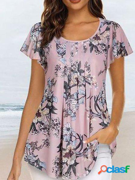 Casuale Sciolto Rosso Floreale Girocollo Camicia