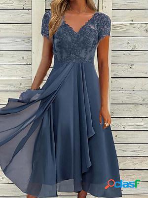 Chiffon Stitching V-neck Lace Hollow Evening Dress