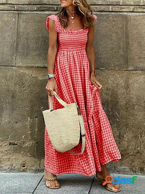 Collage Plaid Sling Elastic Swing Maxi Dresses