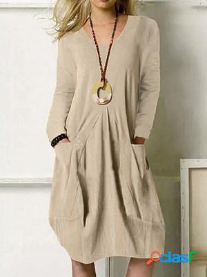 Cotton And Linen Loose Casual Solid Color Pocket Dress