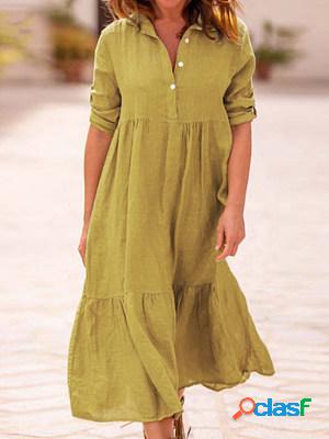 Cotton And Linen Solid Color Lapel Dress