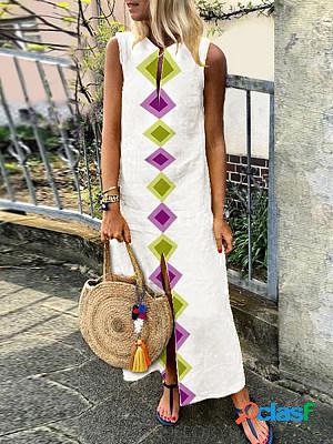 Cotton/Linen V-Neck Bohemian Printed Sleeveless Casual Dress
