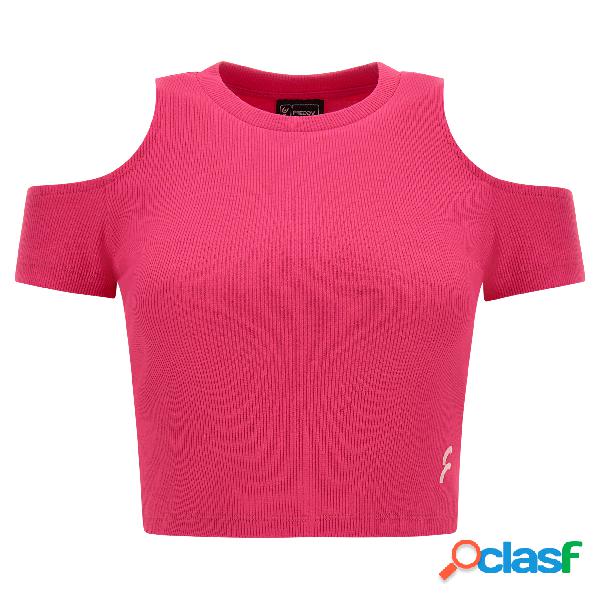 Crop top slim fit in costina con oblò sulle spalle