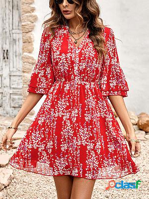 Fashion Casual V-neck Half-sleeve Printed Skater Dresses