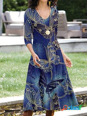 Fashion Check Printed V-neck Long Sleeve Casual Midi Dress