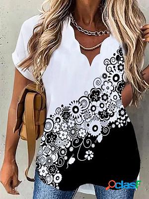 Fashion Floral Print Wavy V-Neck Short Sleeve Blouse