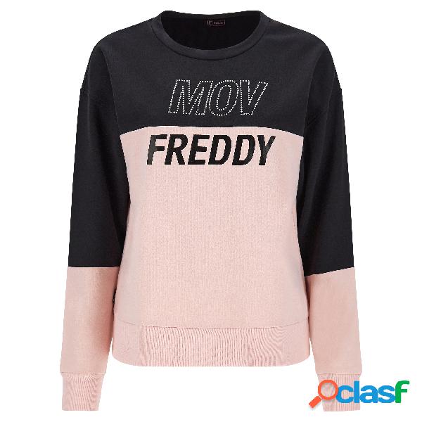 Felpa color block con strass argento e stampa nero lucido