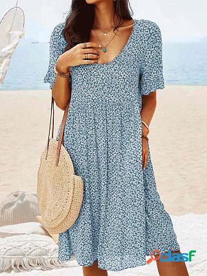 Floral Print Mid-length Casual Short-sleeved Shift Dress